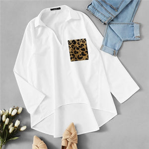 Patched Leopard Pocket Dip Hem White Blouse