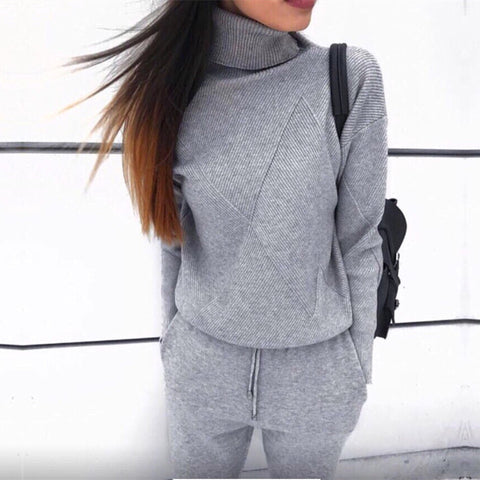 Grey Knit Turtleneck Sweatshirt and Pant Set