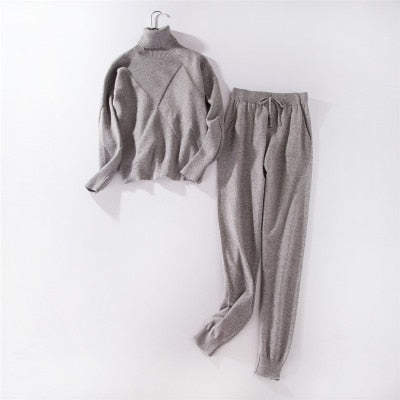 Grey Knit Turtleneck Sweatshirt and Pant Set