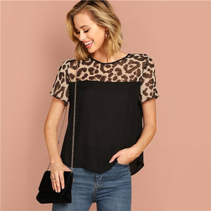 Black Keyhole Back Leopard Blouse