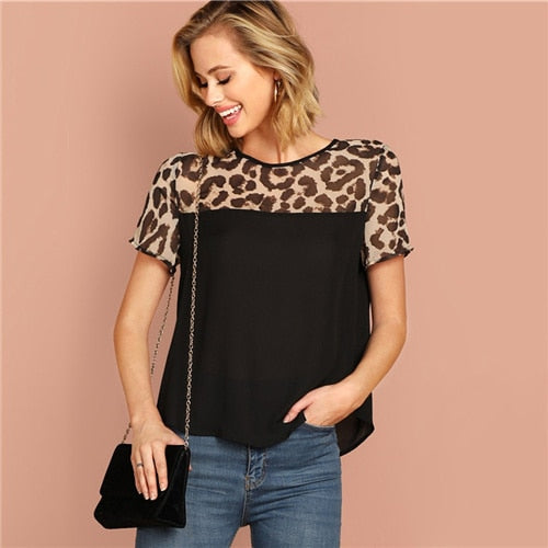 Black Keyhole Back Leopard Blouse
