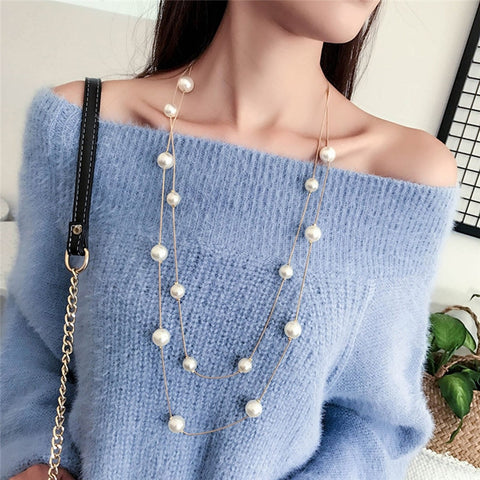 Long Double Layer Simulated Pearl Necklaces