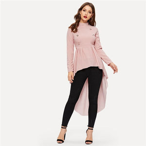 Pink Mock Neck Double Breasted Blouse