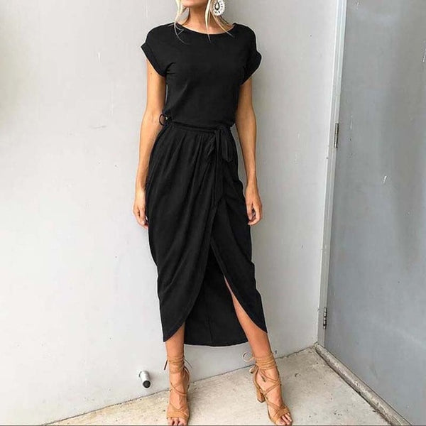 Short Sleeve Belted Maxi Dress