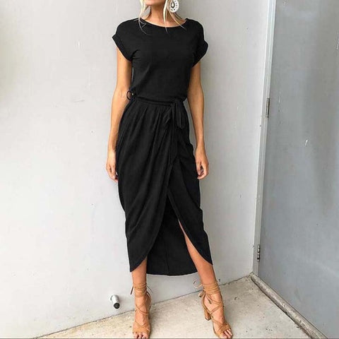 Short Sleeve Belted Maxi Dress