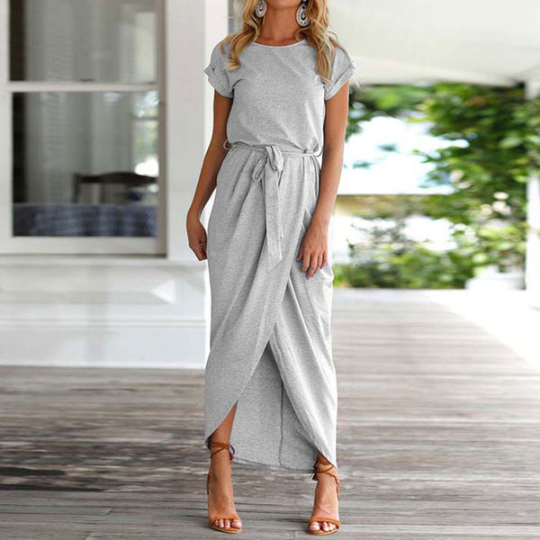 Short Sleeve Belted Maxi Dress