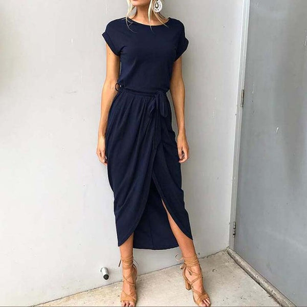 Short Sleeve Belted Maxi Dress