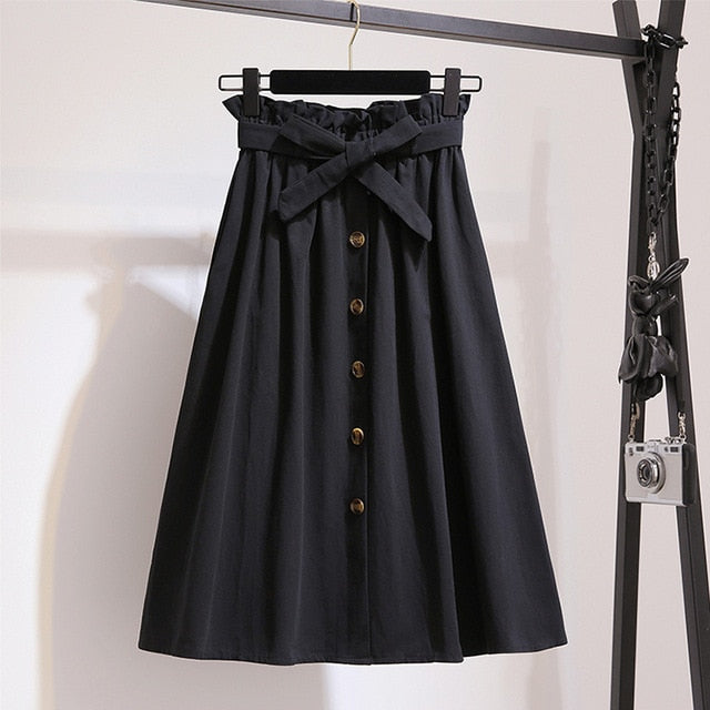 High Waist A-Line Midi Skirt With Belt