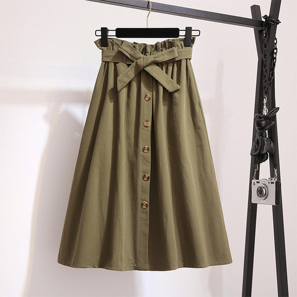 High Waist A-Line Midi Skirt With Belt