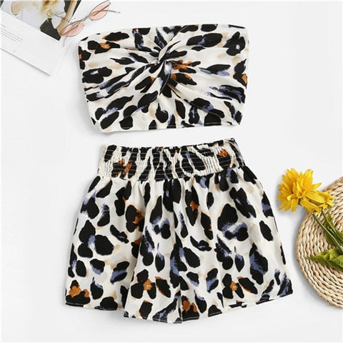 Leopard Print Twist Front Crop Bandeau Top With Shorts Set